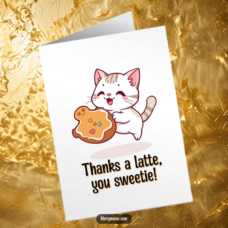 Funny free printable thank you card, a kawaii cat excitedly pouncing on a rolling gingerbread cookie, expressing thanks playfully.