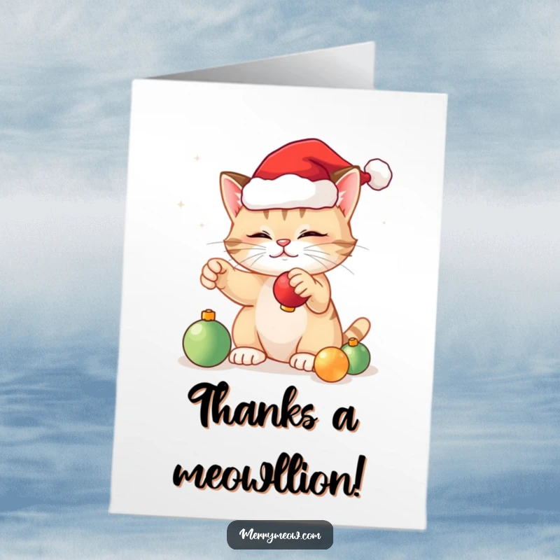 Funny Free Printable Thank You Card: A festive cat in a Santa hat batting at ornaments, a playful way to express thanks.