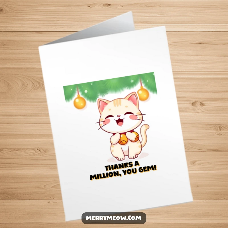 Funny free printable thank you card, a happy kawaii cat with jingle bells on its tail, wagging with thanks.