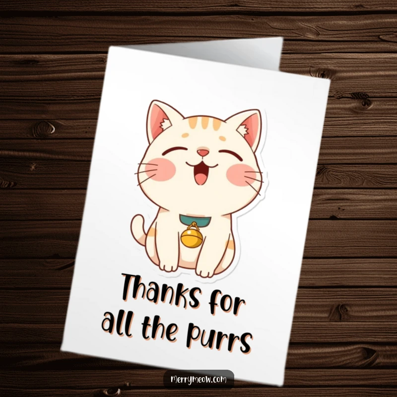 Funny Free Printable Thank You Card: a content cat purring deeply, eyes closed, sporting a tiny bell collar.