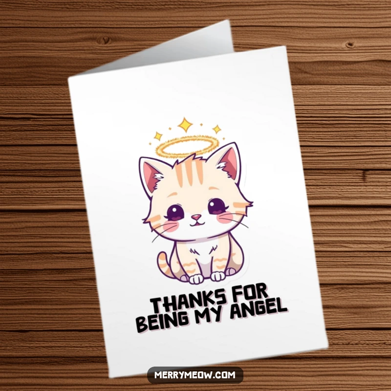 Funny Free Printable Thank You Card: A cute cat character with a sparkling tinsel halo, sending warm thanks.