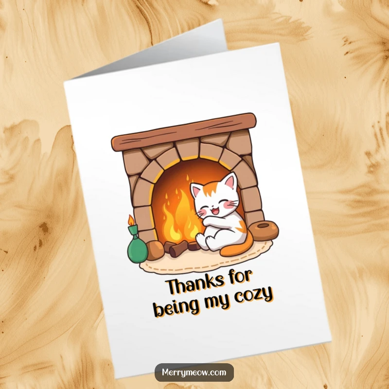 Funny Free Printable Thank You Card: A joyful cat nestled by a warm fireplace, conveying ultimate comfort and thanks.