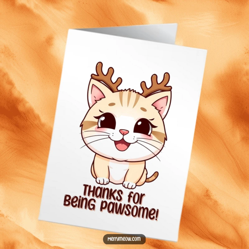 Funny Free Printable Thank You Card: A smiling cat in festive antlers conveying heartfelt thanks.