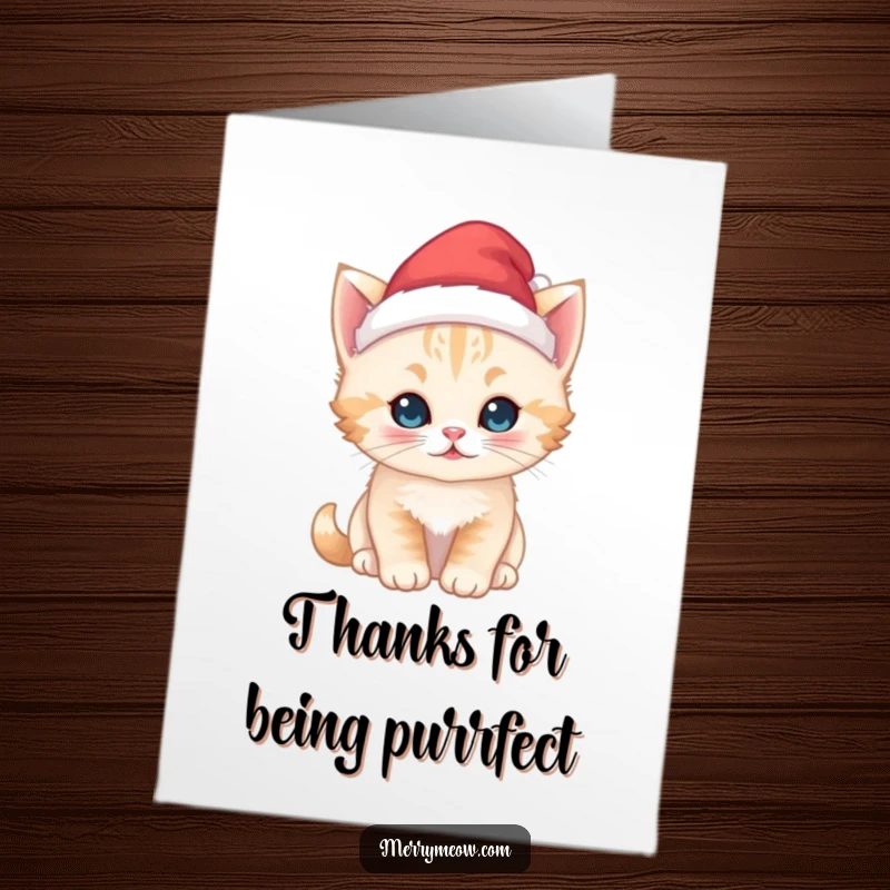 Cute free printable thank you card: a kawaii kitten wearing a tiny Santa hat, spreading holiday cheer.