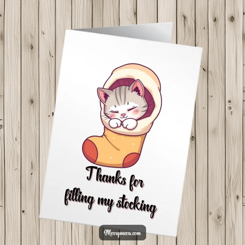 Funny Free Printable Thank You Card: Content purring cat nestled in a whimsical stocking, expressing thanks. Perfect DIY gift.