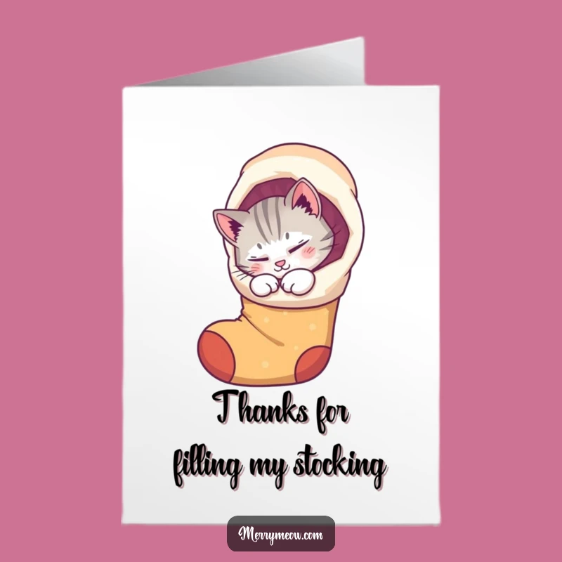 Free Printable Thank You Card: Purring Cat Whimsical Stocking Funny Downloadable Gift