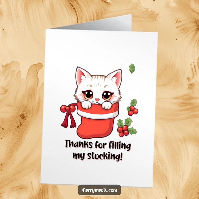 Funny Free Printable Kawaii Cat Thank You Card, a curious cat with wide eyes peeking out of a Christmas stocking.