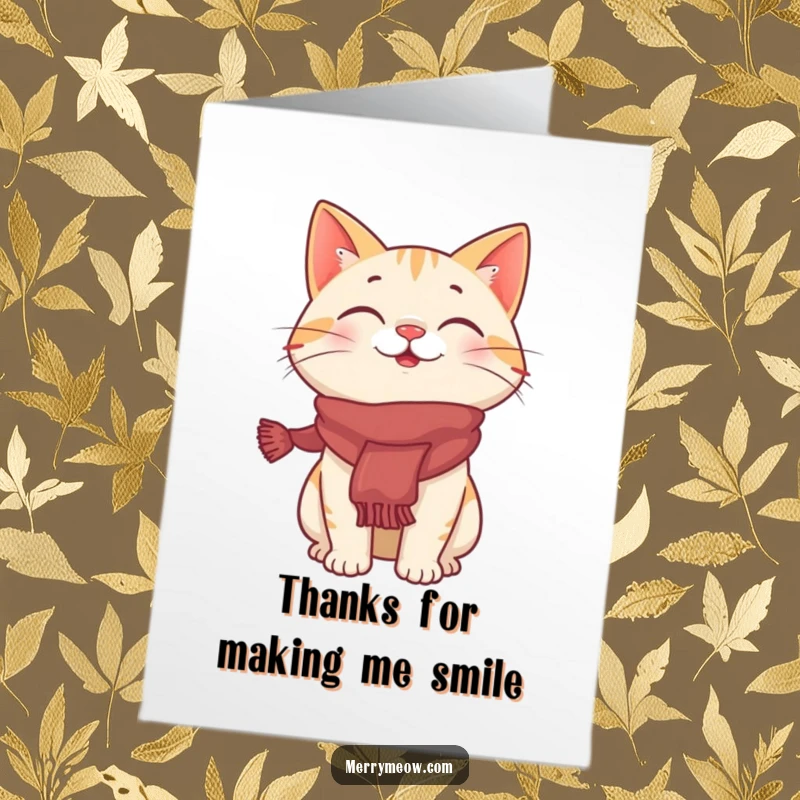 Funny Free Printable Thank You Card: A cheerful cat sporting a festive scarf, giggling with delight and thanks.