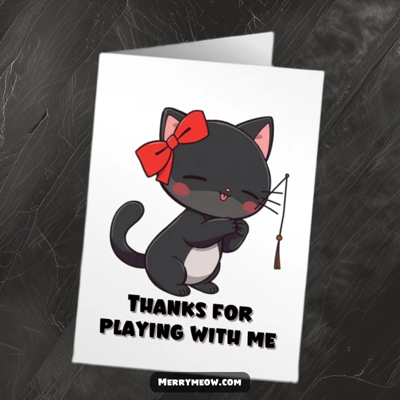 Funny Free Printable Thank You Card: Black cat with red ribbon playfully batting at string, saying thank you with charm.