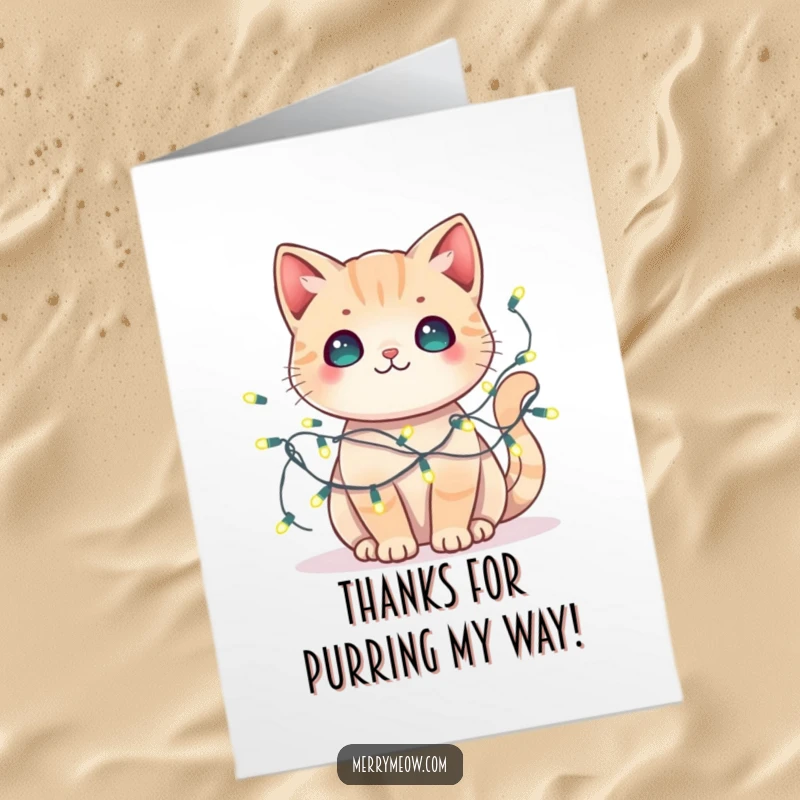 Funny Free Printable Thank You Card: A kawaii cat with fairy lights tangled around it, expressing thanks with adorable charm.