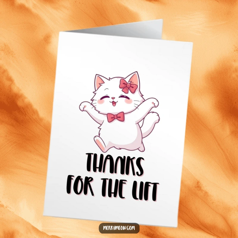 Funny Free Printable Thank You Card: a white cat in a bow performs a graceful leap, expressing thanks.