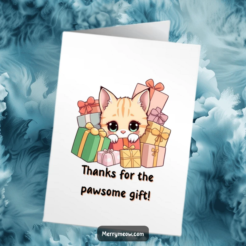 Free Printable Thank You Card: A curious cat with wide eyes peeks from colorful presents, conveying thanks with adorable charm.