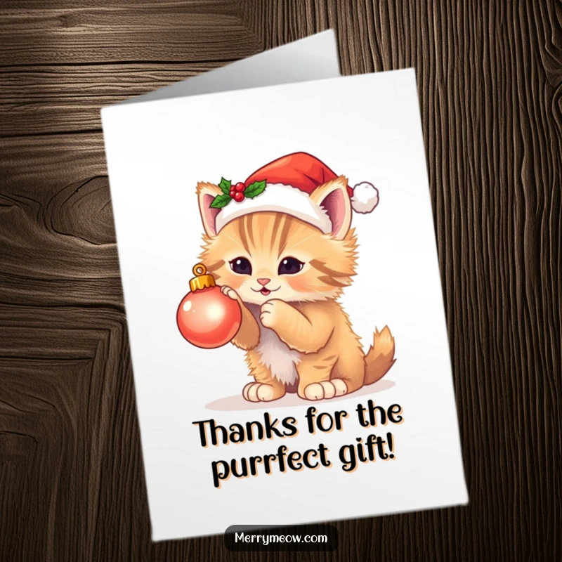 Funny free printable thank you card of a kitten wearing a Santa hat, batting at a Christmas ornament with playful paws.