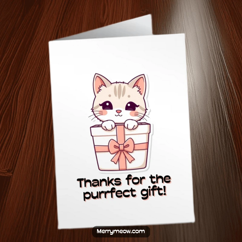 Funny Free Printable Thank You Card: Sweet cat character peeking curiously from a gift box with a ribbon, conveying thanks.