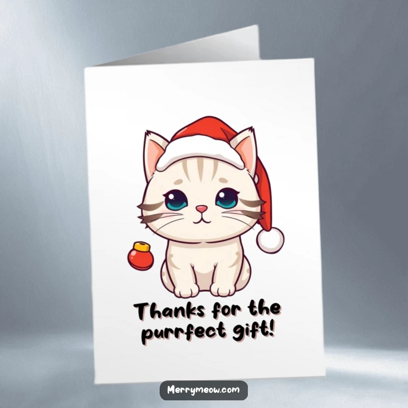 Funny Free Printable Kawaii Cat Thank You Card, a charming cat wearing a small Santa hat and tiny bells.