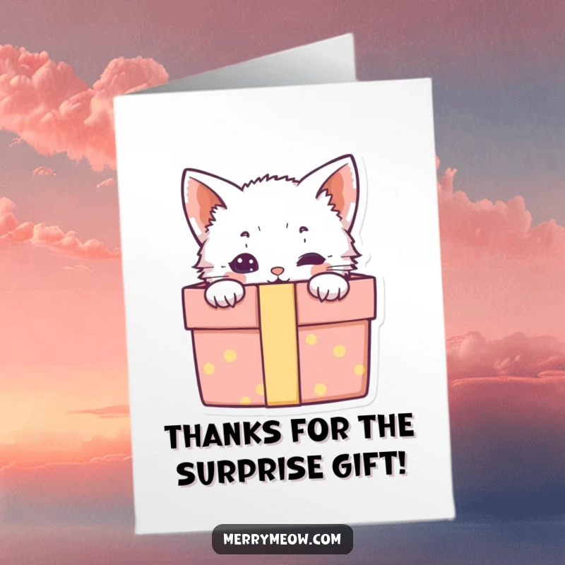 Free Printable Kitten Thank You Card: A sweet kitten peeks from a gift box, sending a thankful hello.
