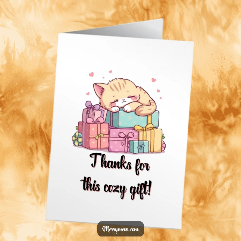 Funny Free Printable Kawaii Cat Thank You Card, a sleepy cat resting peacefully on a pile of wrapped gifts.