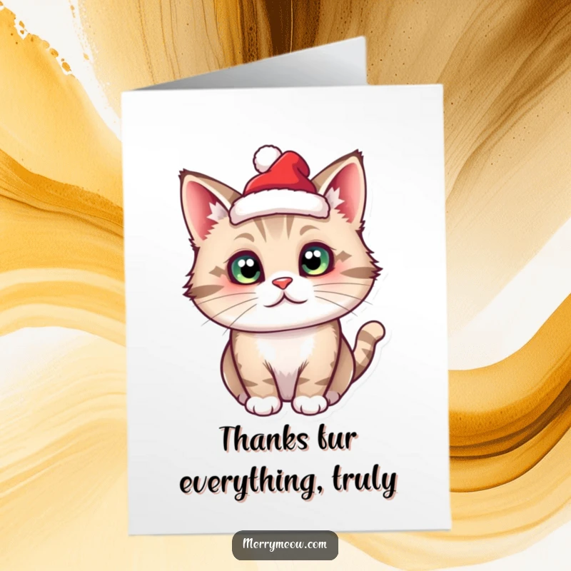 Funny Free Printable Thank You Card: A cat character in a tiny Santa hat expresses thanks.