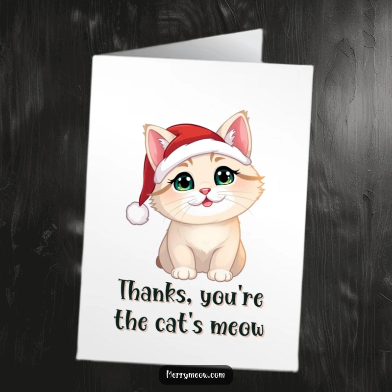 Funny Free Printable Thank You Card: A Christmas cat in a tiny Santa hat offers warm thanks with a festive feline charm.