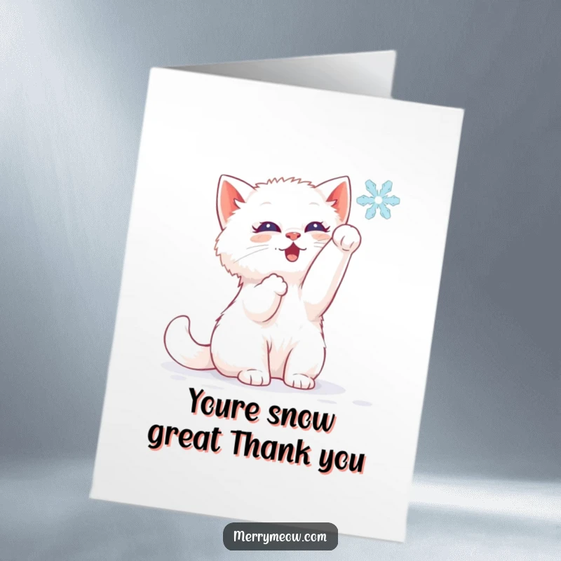 Funny Free Printable Thank You Card: A white kitten batting at a falling snowflake with pure delight, sending thanks.