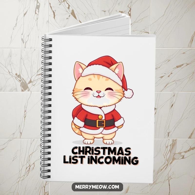 Funny Kawaii Santa Cat Notebook with a cute cat in a Santa suit, featuring a cheeky grin, ideal for notes.