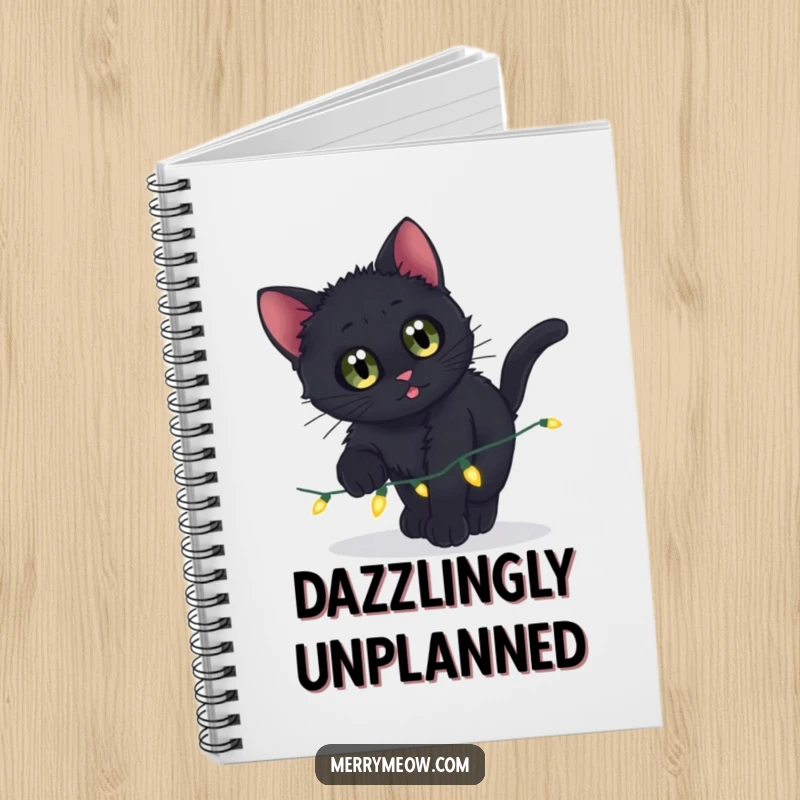 Funny notebook featuring a black kitten with curious eyes pouncing on twinkling lights, perfect for journaling.