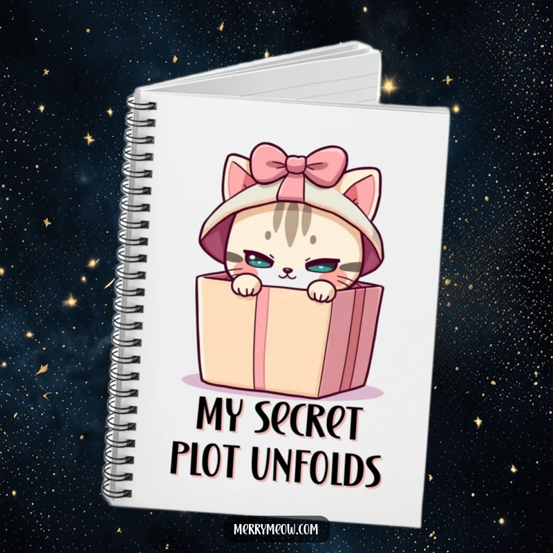 Funny notebook cover with a mischievous cat peeking from a brightly wrapped gift box, perfect for jotting down playful ideas.