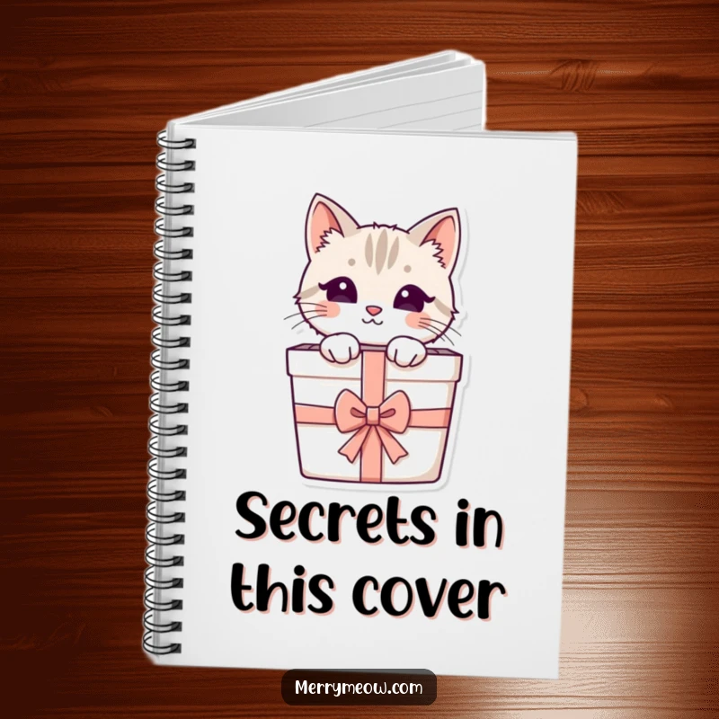 Funny notebook cover with a playful cat peeking from a gift box, ideal for capturing notes and feline-themed musings.