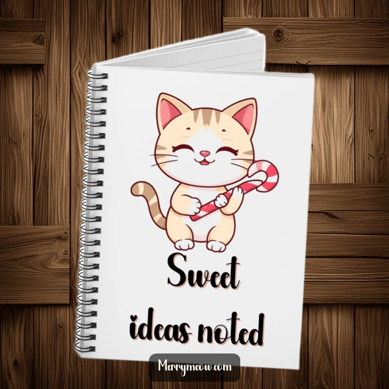 Funny Notebook: A cheerful cat holding a candy cane, encouraging sweet writing and holiday cheer.