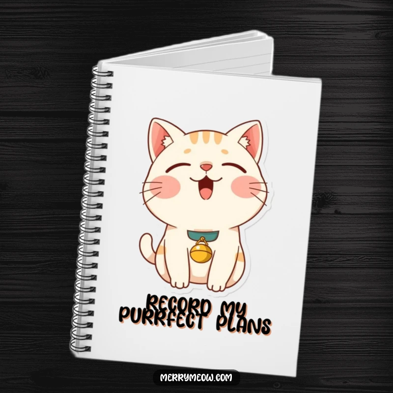 Funny content cat notebook designed with a purring cat and a bell collar, perfect for jotting down notes with a dose of humor.