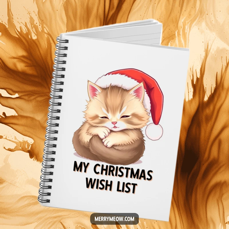 Funny notebook cover with a fluffy kitten peacefully sleeping in a Santa hat, ready to capture holiday plans and thoughts.