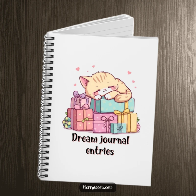 Funny kawaii cat peacefully sleeping on a pile of presents, a cute and functional notebook.