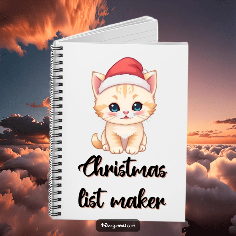 Funny kawaii kitten notebook, wearing a tiny Santa hat, ideal for jotting down Christmas plans or festive ideas.