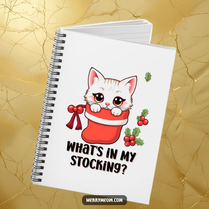 Funny kawaii cat peeking from a Christmas stocking with wide eyes, a cute and functional notebook.