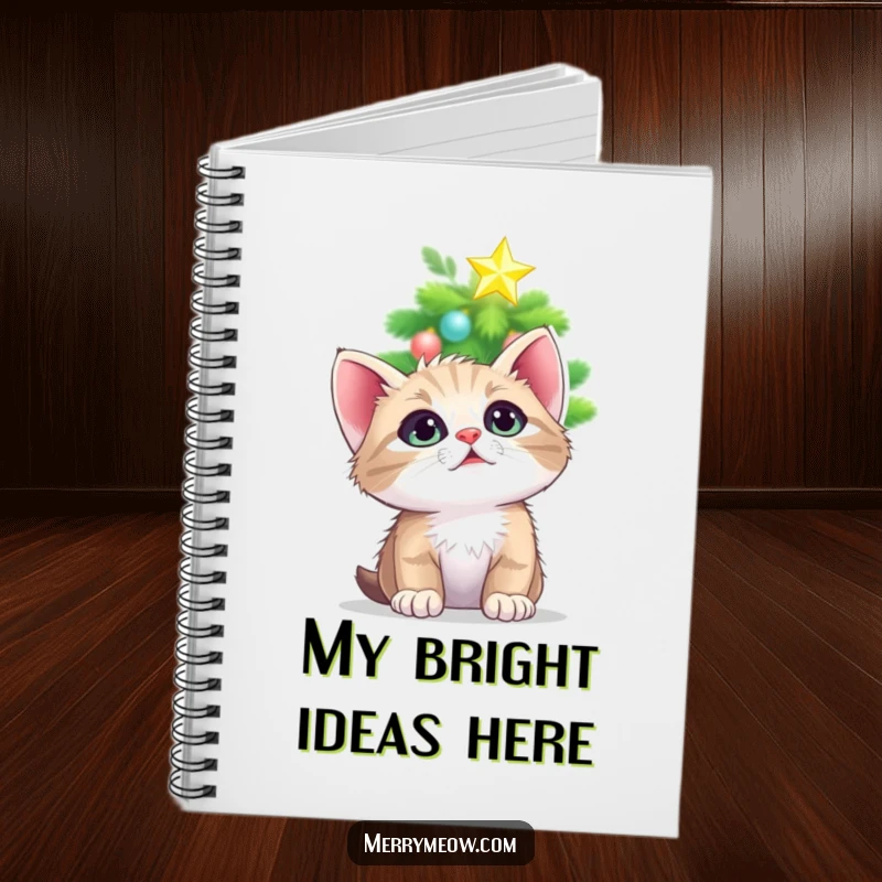 Funny notebook cover with a kitten looking up with mesmerized eyes at a twinkling Christmas tree star, inspiring holiday writing.