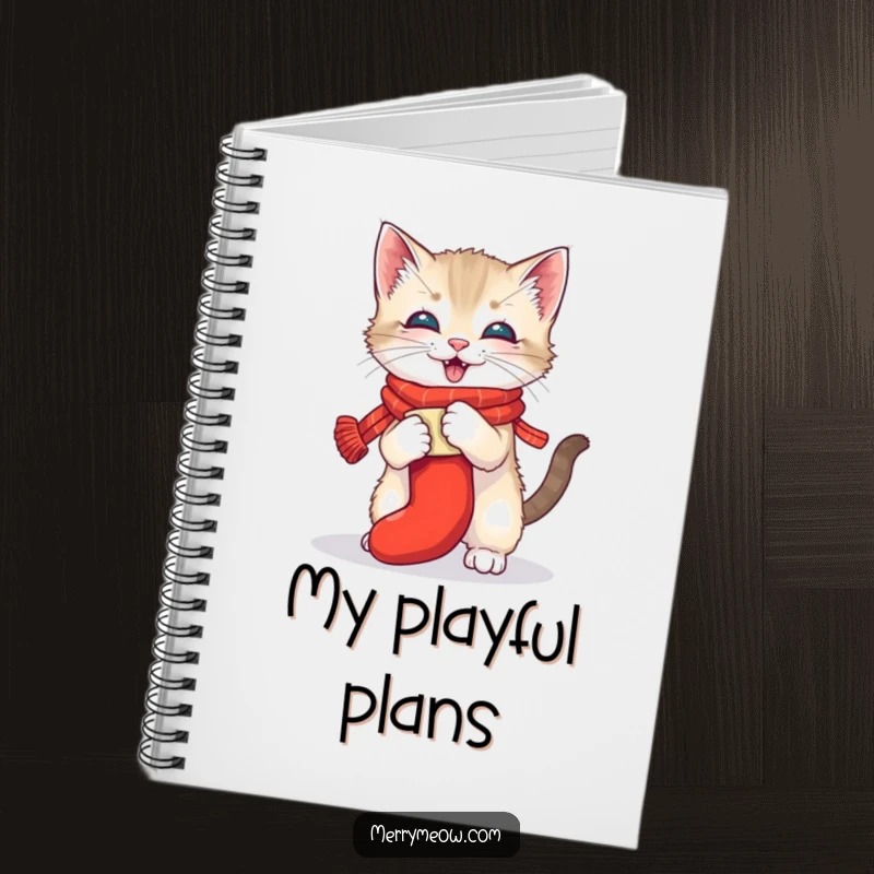 Funny notebook featuring a playful kitten wrestling a stocking, ideal for holiday notes and lists with a touch of festive humor.