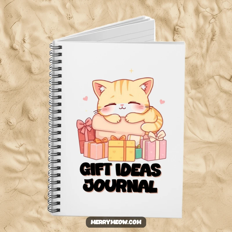 Funny notebook cover featuring a cat character happily napping on a pile of gifts, ideal for jotting down peaceful thoughts.