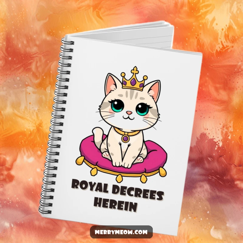 Funny Notebook: A dignified cat wearing a tiny crown sits regally on a velvet cushion, inspiring funny royal thoughts.