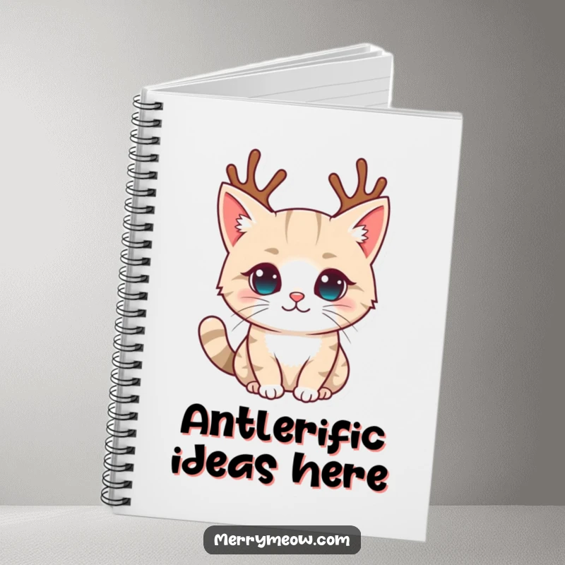 Funny notebook cover with a cat character wearing cute reindeer antlers, ready to capture holiday plans and festive inspirations.