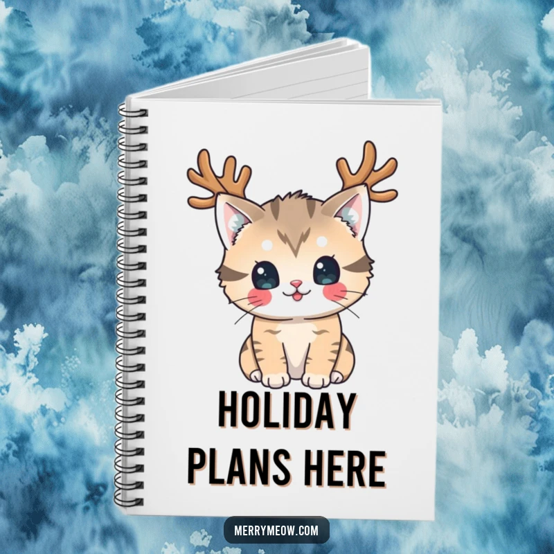 Funny Notebook: A playful cat wearing reindeer antlers looks at the viewer, inspiring hilarious holiday thoughts and notes.