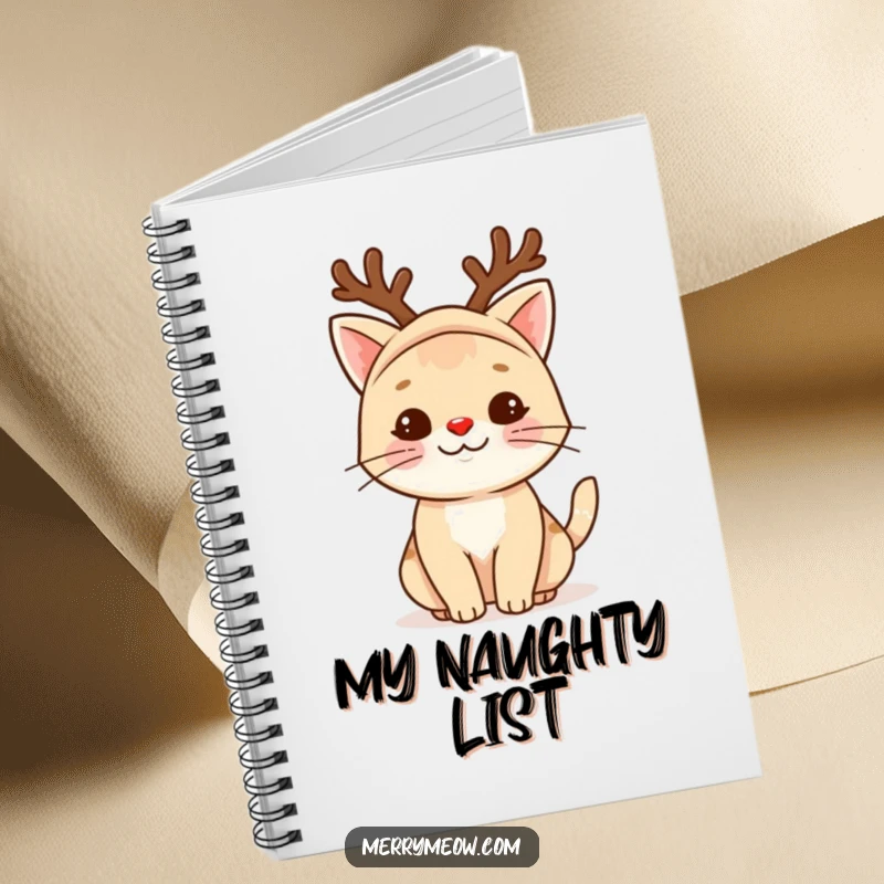 Funny reindeer cat notebook featuring a cute cat in a reindeer outfit, its red nose ready to inspire holiday notes.