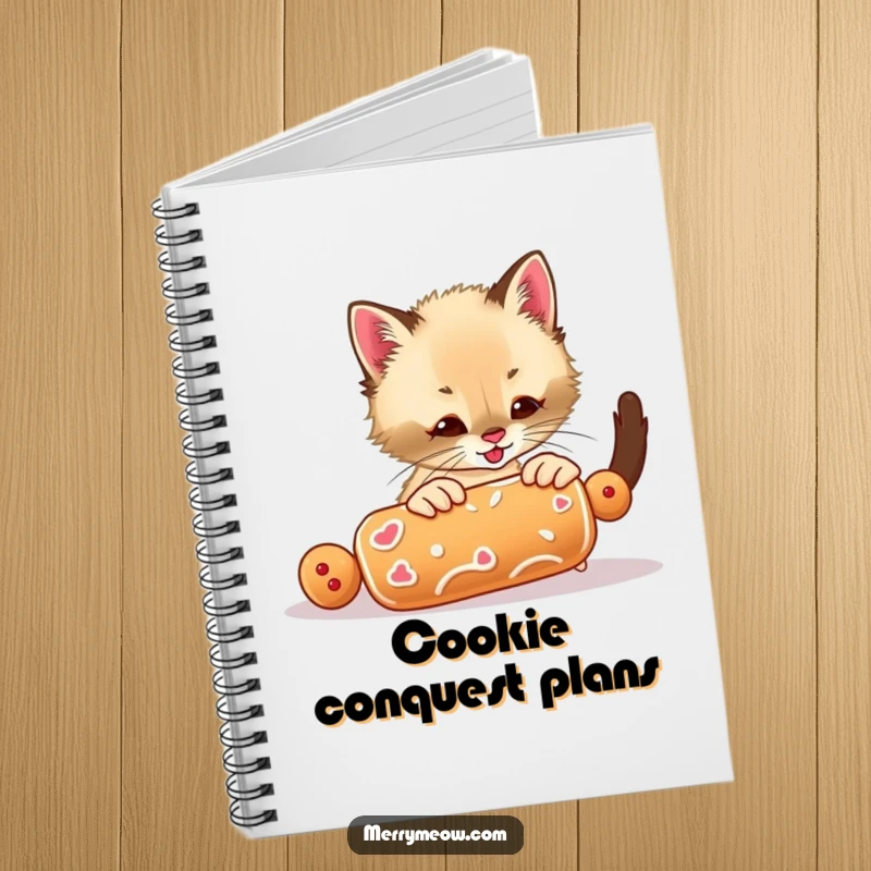 Funny notebook cover with a playful Siamese kitten chasing a gingerbread cookie, inspiring creative writing and notes.