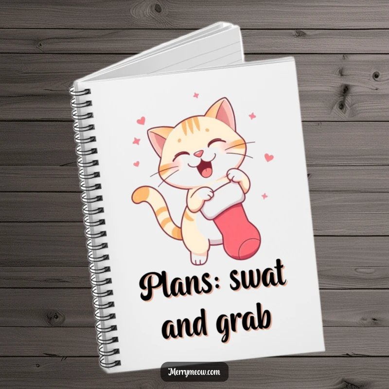 Funny notebook cover with a cat character joyfully swatting a dangling Christmas stocking, inspiring playful holiday journaling.