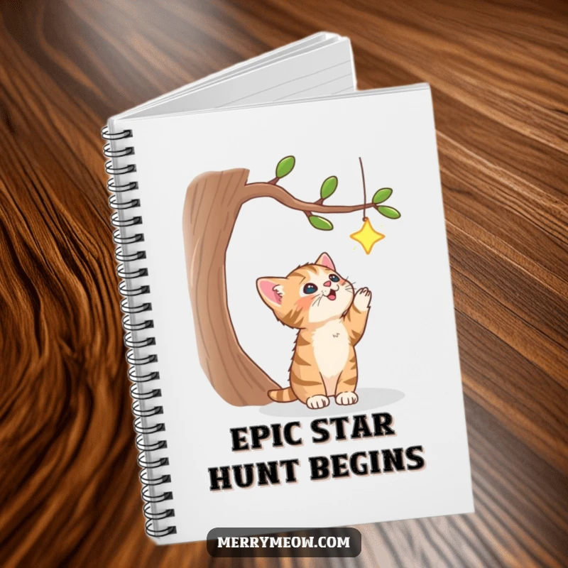 Funny notebook cover with a determined tabby kitten jumping to catch a twinkling star on a decorative tree, encouraging creativity.