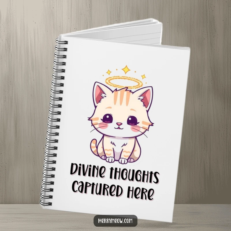 Funny notebook cover with a sacred cat wearing a sparkling tinsel halo, ideal for capturing notes and divine thoughts.