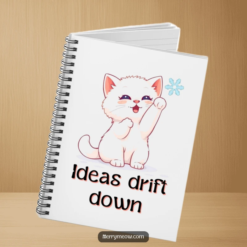 Funny notebook featuring a white kitten batting at a falling snowflake, perfect for winter journaling.