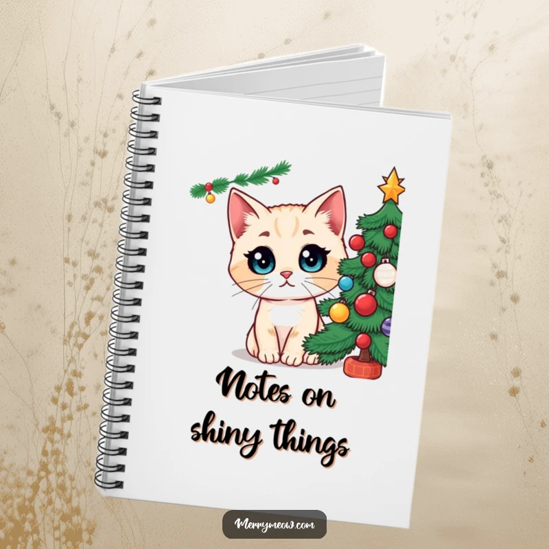 Funny notebook cover with a cat character's eyes wide with wonder, gazing at a sparkling Christmas tree, perfect for capturing holiday inspiration.