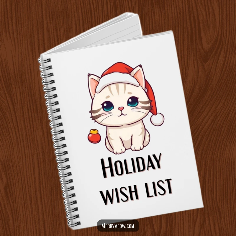 Funny kawaii cat wearing a Santa hat with jingle bells, a festive and functional notebook for holiday notes.