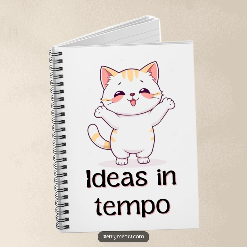 Funny Kawaii Cat Notebook with a cute cat performing a silly dance with snowflakes, ideal for notes.
