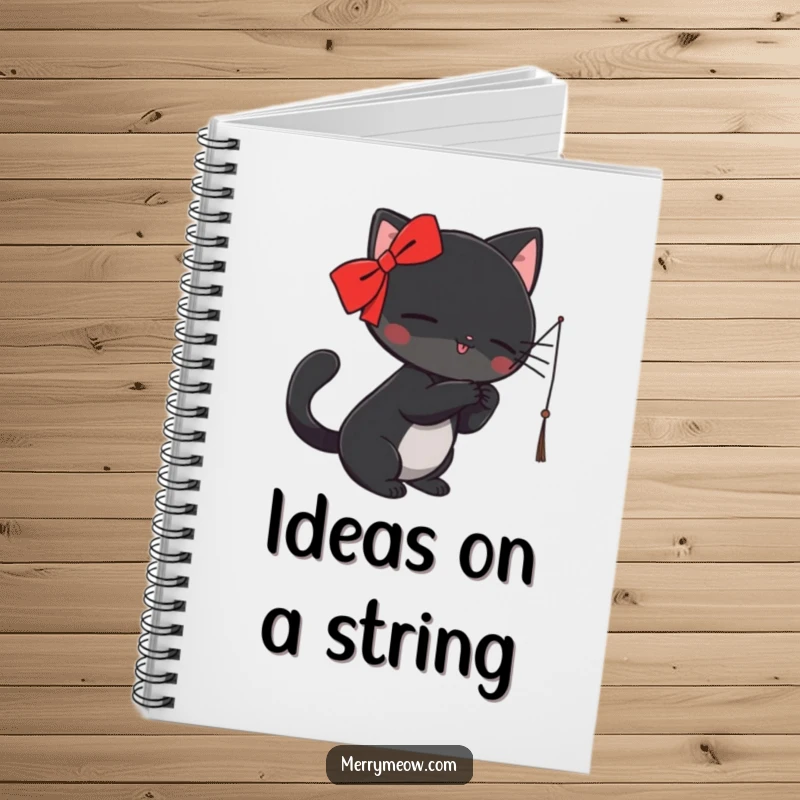 Funny Notebook: A black cat with a red ribbon playfully bats at a dangling string, inspiring hilarious notes and doodles.